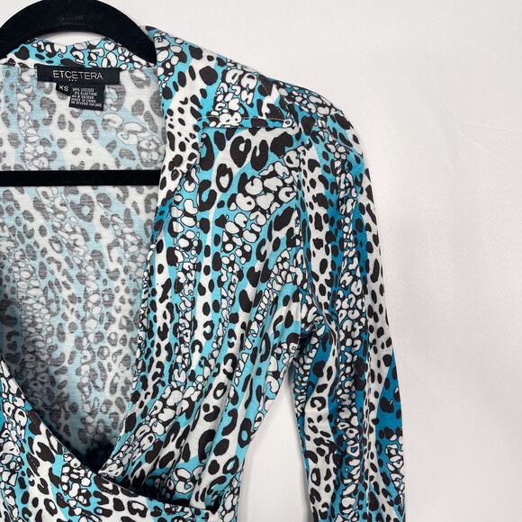 Etcetera XSmall XS Blue White Brown Leopard Print Wrap Long Sleeve Top Stretch - Picture 3 of 7